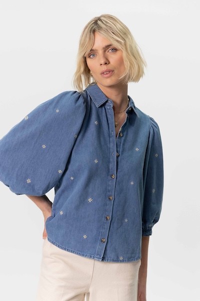 Denim Blouse Met Pofmouwen