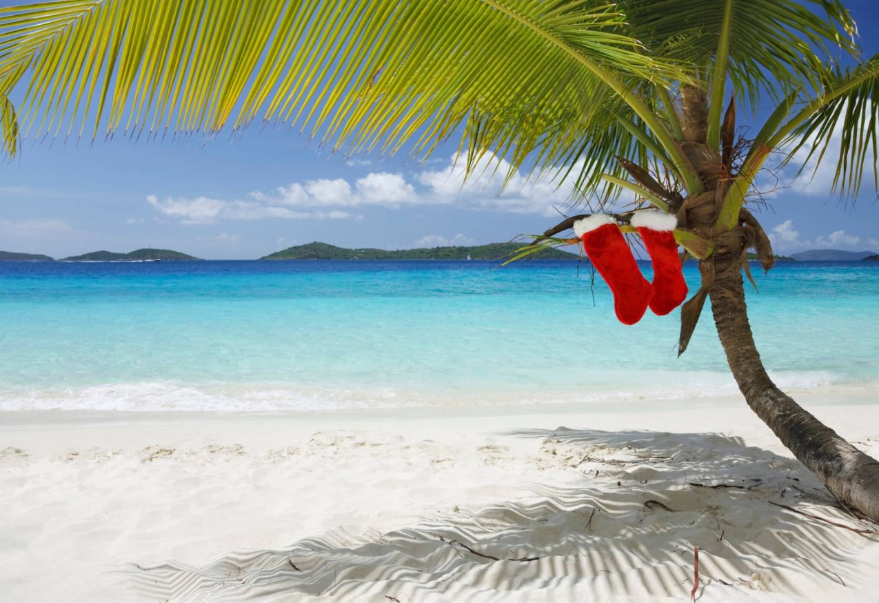 Zonnige Kerstvakantie: kerstsokken aan een palmboom op tropisch strand