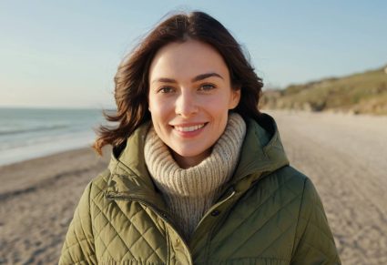 Duur Ogende Winterjas: vrouw met gewatteerde winterjas op het strand