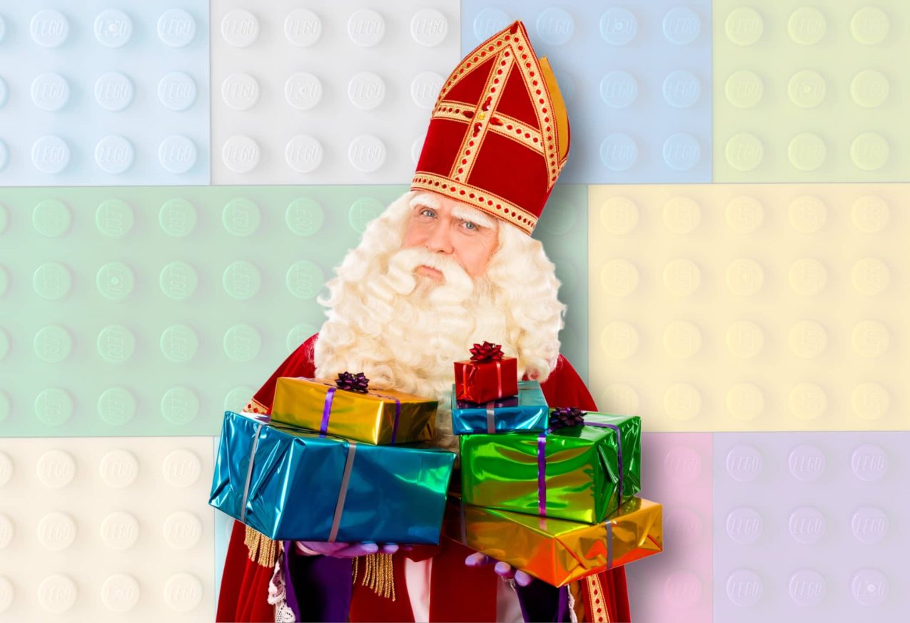 Lego Liefhebbers: sinterklaas met cadeautjes, op de achtergrond lego